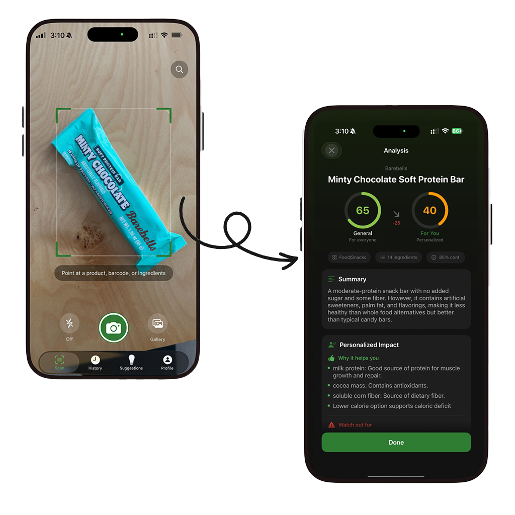 Avoi app showing product scan and personalized analysis